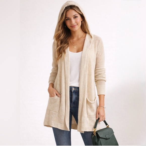 Eddie Bauer Sweaters - Eddie Bauer Cream Hooded Cardigan